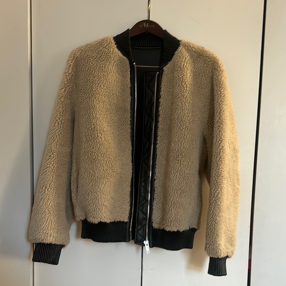 The Kooples Shearling Bomber Faux Fur and Leather Teddy Jacket Size Small - Picture 1 of 5